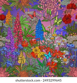 Wildflowers with butterflies - design for a silk scarf or women's scarf. Seamless vector pattern