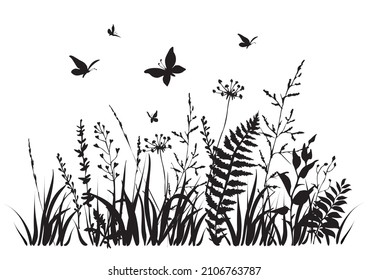 Wildflowers and butterflies silhouettes. Floral spring  or summer field. Vector illustration. 