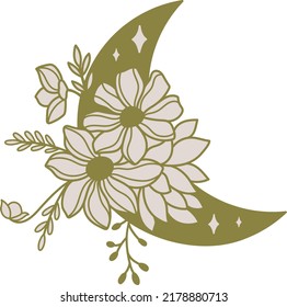 Wildflowers celestial green moon. Flowers mystical boho moon vector illustration