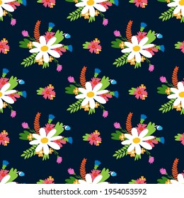 Wildflowers. Chamomile, cloves, mustard. Floral pattern on dark background for textile, fabric, packaging paper, background, wallpaper, material.