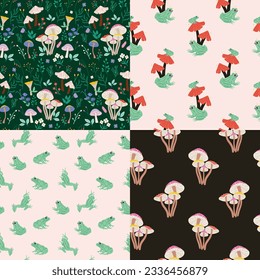 Wildflowers and colorful mushroom pattern set with frogs, leaves, flowers etc. Woodland wildlife pattern background. 