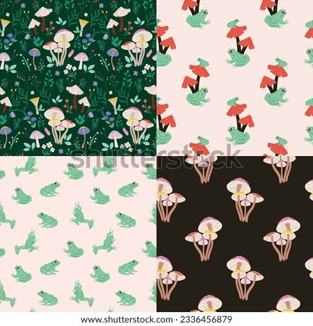 Wildflowers and colorful mushroom pattern set with frogs, leaves, flowers etc. Woodland wildlife pattern background. 