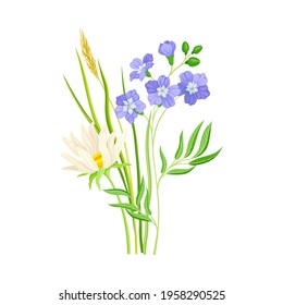 Wildflowers Composition with Meadow Plants and Flora Closeup View Vector Illustration