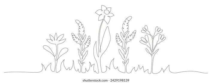 Wildflowers in continuous line art drawing style. Doodle floral border with flowers blooming among grass. Minimalist black linear design isolated on white background. Vector illustration