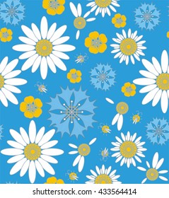 Wildflowers cornflowers and chamomile with ladybug in white, yellow, blue and gray a seamless pattern on a blue background.