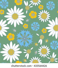 Wildflowers cornflowers and chamomile with ladybug in white, yellow, blue and gray a seamless pattern on a green background.