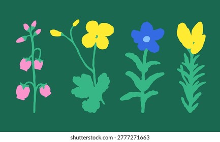 Wildflowers in cute naive style. Flat hand-drawn vector illustration. Flowers drawn in modern cutout style. Abstract doodle floral shapes