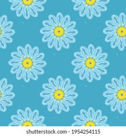 Wildflowers. Daisies Flower pattern on blue background for textile, fabric, packaging paper, background, wallpaper, material.