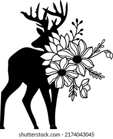 Wildblumen, Hirschsilhouette. Himmelsmystische Blüten Wildtier, Vektorgrafik