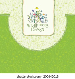 Wildflowers Design . Seamless green field of wild flowers. Set for design. 