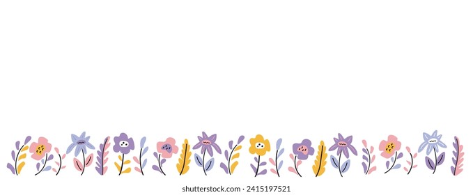 Wildflowers doodle style. Floral long banner with simple flowers and grass in pastel colors