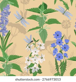 Wildflowers and dragonflies against a beige backdrop. Summer vector illustration for decorating textiles and packaging.