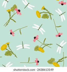 Wildflowers and dragonflies. Summer seamless vector illustration. To decorate textiles, packaging.