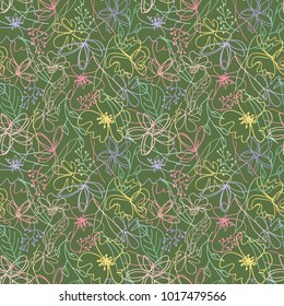 Wildflowers drawing seamless pattern. Small doodle hand drawn flowers, daisies, poppies on green background. Cute vector design for floral banner, wallpaper,wrapping paper, scrapbooking,liberty prints