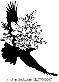 Wildflowers eagle silhouette. Celestial mystical florals bird vector illustration