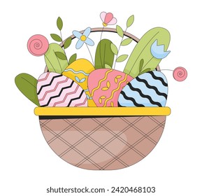 Wildflowers Easter eggs wicker basket 2D linear cartoon object. Eastereggs april flowers isolated line vector element white background. Resurrection religious holiday color flat spot illustration