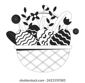 Wildflowers Easter eggs wicker basket black and white 2D line cartoon object. Eastereggs april flowers isolated vector outline item. Resurrection religious holiday monochromatic flat spot illustration