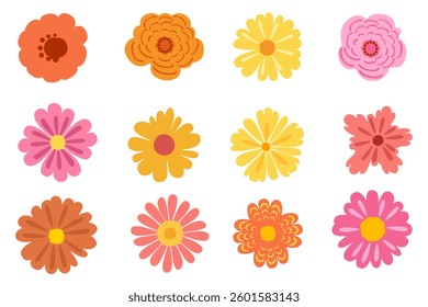 Wildflowers Elements Set. Colorful spring flowers. Hand drawn. Simple elements. Seamless pattern. White background. For holiday cards, prints, wrapping paper, decorations, Easter, stickers, print.
