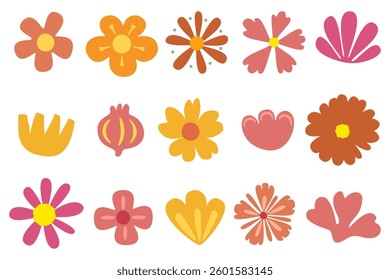 Wildflowers Elements Set. Colorful spring flowers. Hand drawn. Simple elements. Seamless pattern. White background. For holiday cards, prints, wrapping paper, decorations, Easter, stickers, print.
