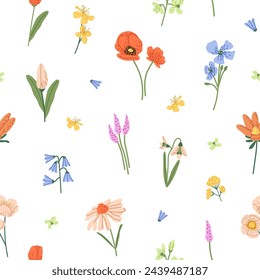 Wildflowers endless pattern. Different meadow, field flowers: bells, tulips, poppies. Blossom wild plants. Repeatable flora print on background. Floral decor. Flat seamless vector illustration
