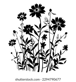 Wildflowers field    black silhouette  Vector illustration white isolated background  Summer concept  Good for packaging  logo    decor 