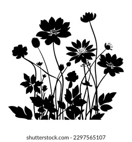 Campo de flores silvestres - silueta negra. Ilustración vectorial sobre fondo blanco aislado. Concepto de verano. El acondicionamiento, el logotipo y la decoración.