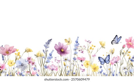 Wildflowers, field of flowers with butterflies, long decorative border isolated on a clear background, vector illustration.