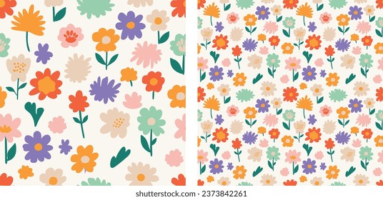 Wildflowers Floral Colorful Retro Fun Seamless Pattern Vector Illustration