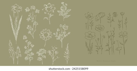 Flores silvestres arte vectorial floral, Ilustración botánica abstracta, texturas de arte lineal, flores de campo bosquejadas. Arte contemporáneo