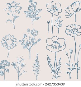 Wildflowers floral vector art, Abstract botanical illustration, line art textures, sketched field flowers. Contemporary artistic. Blue flowers on beige background