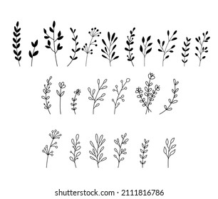 Wildflowers and flowers collection drawing line art vector. Set of Isolated simple plants and leaves in outline style on white background