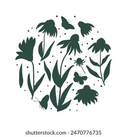 Wildflowers and fluttering butterflies in a silhouette round composition. Coneflowers Echinacea circle emblem Vector hand drawn illustration.