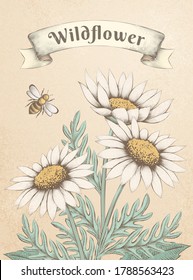 Wildflowers with flying bee engraving style poster