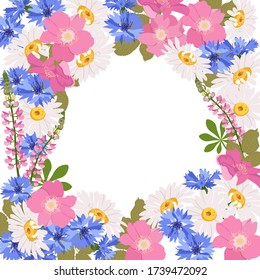 Flores silvestres con marco y lugar para tu texto. Plantilla para tarjetas, invitaciones, etiquetas.