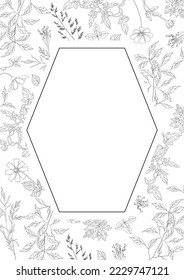 Wildflowers in a frame. Vector design templates in a simple modern style with a place to copy text, flowers and leaves - backgrounds and frames for wedding invitations, wallpapers for social networks.