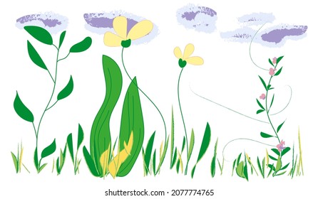 flores silvestres, hierba, nubes.un conjunto de plantas de verano.fondo blanco.para su negocio.ilustración vectorial.eps 10.dibujado a mano