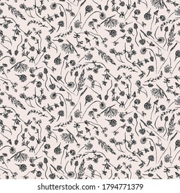 Wildflowers and grasses sketches seamless vector pattern. Hand drawn meadow plants surface print design for fabrics, stationery, scrapbook, gift wrap, and packaging.