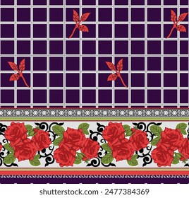 Wildflowers, green wild plants and flying butterflies, seamless pattern with colored flowers, watercolor isolated illustration, floral horizontal border, hand painting summer meadow, nature background