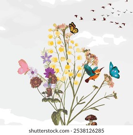 Wildflowers, green wild plants and flying butterflies, seamless pattern with colored flowers, watercolor isolated illustration.