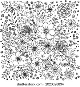 Wildflowers. Hand drawn doodles flowers. Interesting print for design.