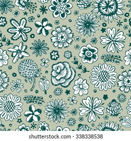 Wildflowers. Hand Drawn Doodles Flowers. Vector seamless floral pattern. Vintage floral background.
