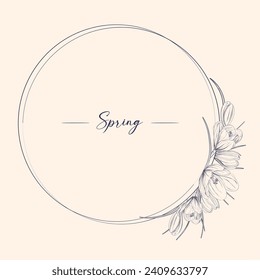 Wildflowers in a hand drawn line art style. Round frame for text. Vector design for invitation, postcard, logo.