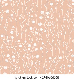 Wildflowers hand drawn silhouette, floral seamless pattern with white flowers on coral color. Vector meadow background in vintage style.