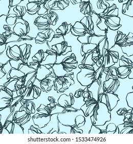 Wildflowers.Pen hand-drawn linear graphics. Vector seamless pattern.