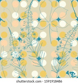 Wildflowers, herbs and leaves vector seamless pattern. Hand drawn florals on abstract background with geometric shapes.
