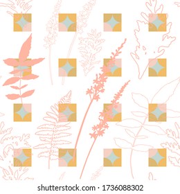 Wildblumen, Kräuter und Blätter Vektor nahtlos Muster. Handgezeichnete Florale auf abstraktem Hintergrund mit geometrischen Formen.
