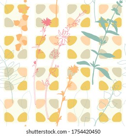 Wildflowers, herbs and leaves vector seamless pattern. Hand drawn florals on abstract background with geometric shapes.

