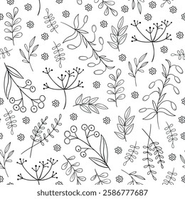 Wildflowers and herbs seamless pattern with outline florals on white background