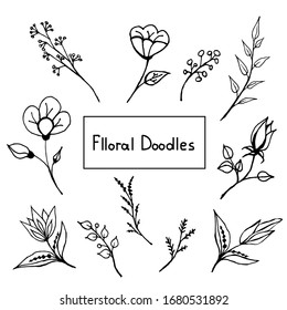
 Gráfico vectorial. Motivo de estilo doodle floral. Iconos de flores lineales. Flores y plantas de primavera