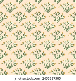 Wildflowers with leaves seamless pattern. Floral branch endless background. Flower and foliage loop tiled ornament. Vector flat hand drawn illustration.